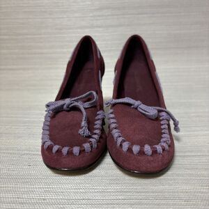 Dollhouse, Size 7M, "Mimi" Maroon High Heel Loafers, Suede with Purple Tie NEW
